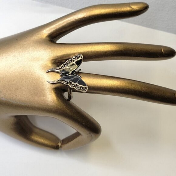 Silver and Onyx Butterfly Ring 925 Sterling Silver, Butterfly Filigree Ring 8.5 - Picture 2 of 11
